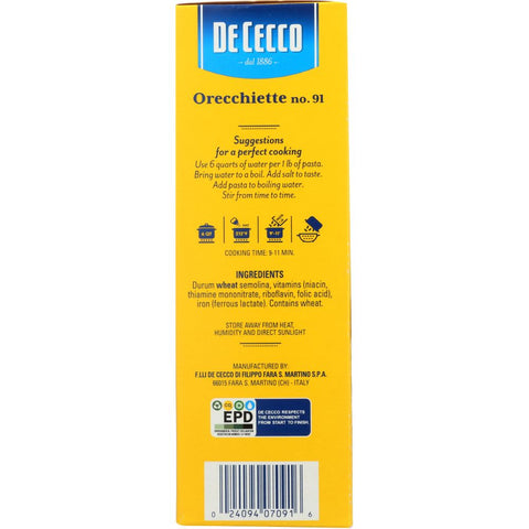 Orecchiette Pasta 16 oz Traditional Apulia Shape De Cecco