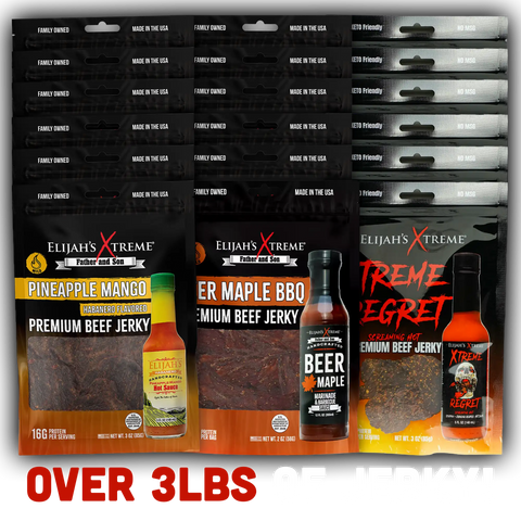 Elijah’s Xtreme Beef Jerky Bulk Trio - 6 bags of Each Flavor, 18 bags total (3lbs)