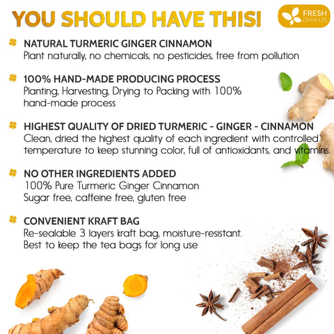 Turmeric, Ginger, Cinnamon Tea, Tea Bags, 100% Natural, Hand-made Blend of Turmeric, Ginger, and Cinnamon. Eco-conscious Tea Bags. Turmeric Ginger Herbal Tea. No Sugar, No Caffeine, No Gluten, Vegan.