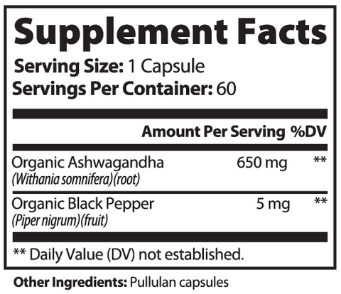 Organic Ashwagandha with Black Pepper Supplement 60 ct Minimo Nutrition