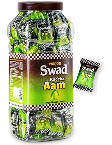 Swad Kaccha Aam Tangy Masala Candy Jar 150 Count Raw Mango Flavor Indian Chatpati Candy Mouth Freshener Sweet Spicy Hard Candy Desi Snack Travel Friendly For Kids Mature-Themeds