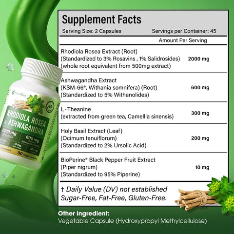 Rhodiola Rosea 2000mg with Ashwagandha KSM-66, L-Theanine, Holy Basil & BioPerine - High Potency Vegan Capsules