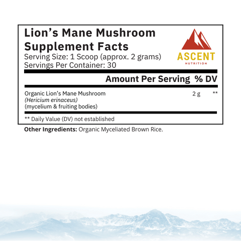 Organic Lion's Mane Mushroom Powder 2 Grams per scoop Ascent Nutrition