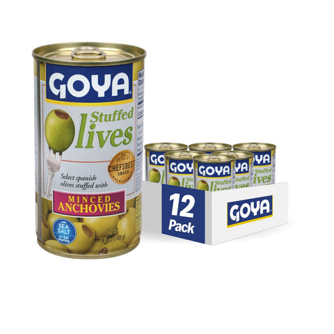 Goya Foods Manzanilla Olives Stuffed with Anchovies, 5.25 oz, Pack of 12