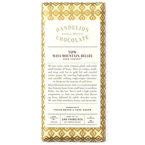 Dandelion Chocolate Maya Mountain 70% Dark Chocolate Bar 2OZ