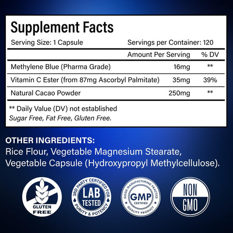 Methylene Blue Capsules - Natural Cacao and Vitamin C Ester for Added Support