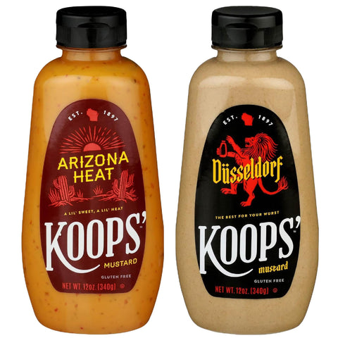 Koops' Dusseldorf & Arizona Heat Mustard - German-Style Bratwurst Mustard, Sweet And Spicy Mustard, Gluten-Free, Kosher, Made In