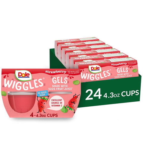 Dole Wiggles No Sugar Added Strawberry Fruit Juice Gels Snacks, 4.3oz 24 Total Cups, Gluten & Dairy Free, Bulk Lunch Snacks for