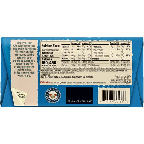 Peppermint Dark Chocolate Bar 3.2 oz CHOCOLOVE