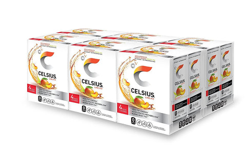 CELSIUS Peach Mango Green Tea Energy Drink, 12 Fl Oz, Pack of 24, Clear, Model FGSS6405