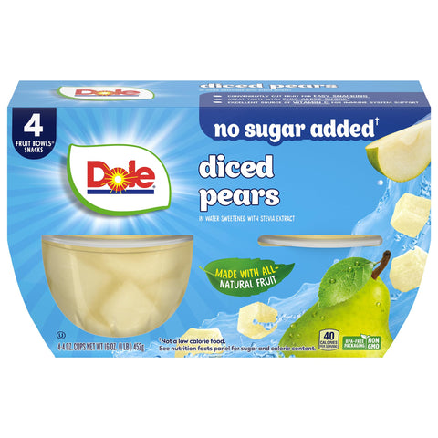 Dole Diced Pears with No Sugar Added - Dole Fruit Bowls Snacks - 4 oz Fruit Bowls - 4 Pack