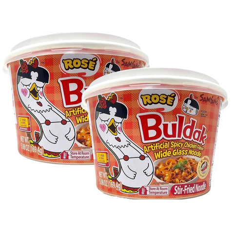 Buldak K Rose, Wide Flat Glass Noodles, Big Bowl Cup, Korean Fire Challenge Microwaveable (5.98Oz) (2 Packs)