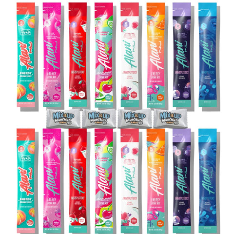 Alani Energy Drink Powder Variety Pack – 16 Stick Sampler, All 8 Flavors + 4 Mimm Mints | Preworkout Boost & Electrolytes Powder Packets | Bundled By Mix It Up Munchies | Healthy Gift Pack