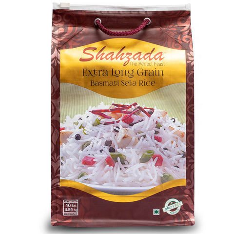 Shahzada Basmati Sela Rice, Extra Long Grain, 10 Lbs, Non-Sticky, Non-GMO, Vegan, Gluten Free, Zip-Lock Bag, White