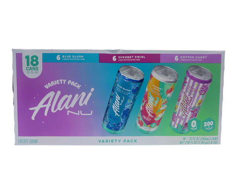 Alani Energy Drink, 18 Count Variety Pack, 3 Flavors, 6 Cans Per Flavor, 12 FL Oz Per Can, Flavors Include: Blue Slush, Sherbet