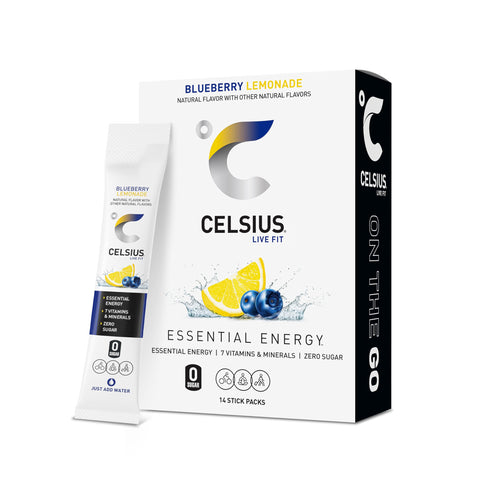 CELSIUS On-the-Go Powder Sticks Blueberry Lemonade, 14 Count, Essential Energy, 2.6 Oz per Pack