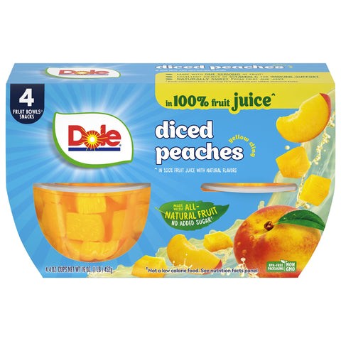 Dole Fruit Bowls Diced Peaches in 100% Juice Snacks, 4oz 4 Total Cups, Gluten & Dairy Free, Bulk Lunch Snacks for Kids & Adults