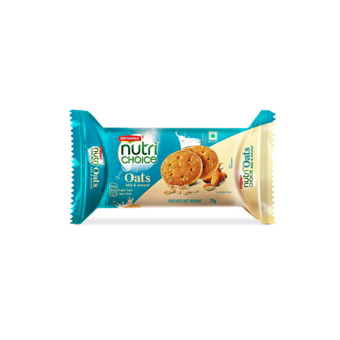Britannia Nutrichoice Oats Almond Milk 2.64Oz (75G) - Crispy, Crunchy Tea Moments - Breakfast & Tea Time Snacks (Pack Of 6)