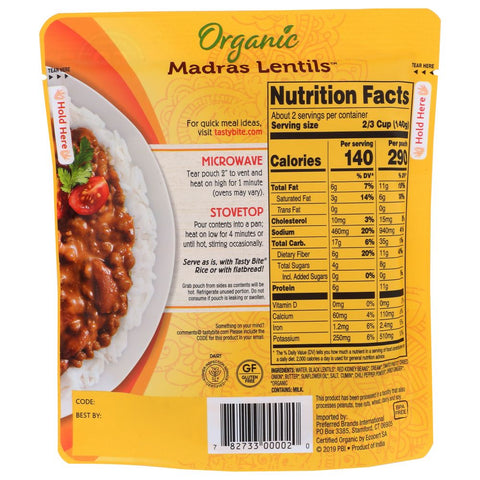 Madras Lentils 10 oz Pack Ready to Eat Indian Lentil Bowl TASTY BITE