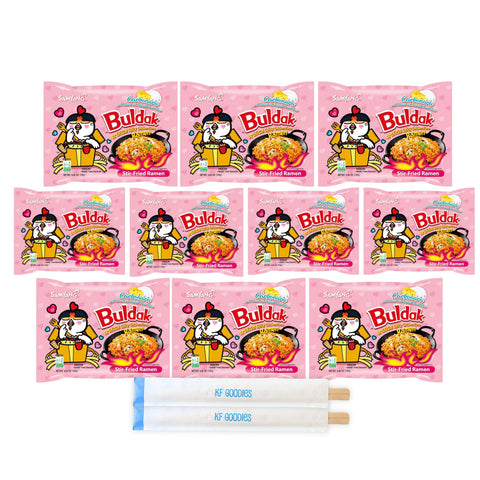 Samyang Buldak Hot Spicy Chicken Ramen Noodle Korean Stir-Fried Ramen, Carbonara Flavor With Kf Goodies Branded Chopsticks (10,