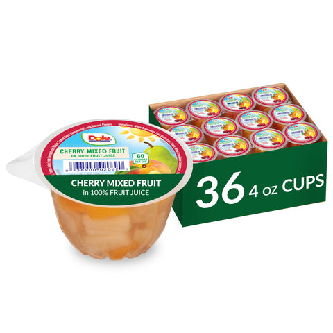 Dole Fruit Bowls Cherry Mixed Fruit In 100% Juice Snacks, 4Oz 36 Total Cups, Gluten & Dairy Free, Bulk Lunch Snacks For Kids & A