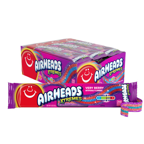 Airheads Xtremes Belts Holiday Sweetly Sour Candy  Very Berry  Christmas Stocking Stuffers for mature-themeds & Kids  Non-Melting  Candy for Christmas Bulk Party Bag  2 oz (Pack of 18)