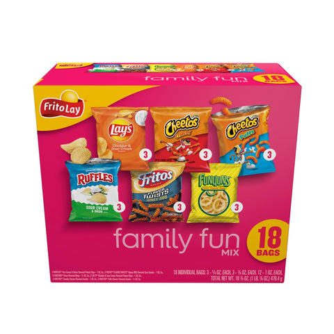 Frito-Lay Snacks Family Fun Mix Chips Variety Pack  Ruffles  Fritos  Cheetos  Lays  Funyuns 18 Count(Pack of 1)(Assortment May Vary)