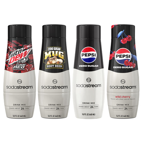 SodaStream Pepsi Wild Cherry  MTN Dew Code Red  Pepsi & Mug Root Variety Pack  Zero Sugar  440ml Pack of 4