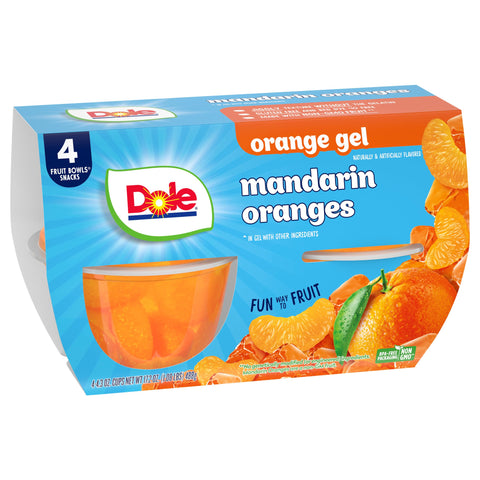 Dole Fruit Bowls Mandarins in Orange Flavored Gel Snacks, 4.3oz 4 Total Cups, Gluten & Dairy Free, Bulk Lunch Snacks for Kids &