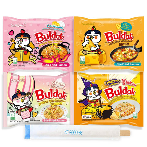 Samyang Buldak Hot Spicy Chicken Ramen Noodle Korean Stir-Fried Ramen, 1 Pack For Each Flavor (4, Carbonara, Cream Carbonara, Qu