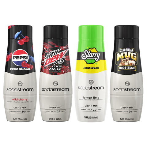SodaStream Pepsi Wild Cherry  MTN Dew Code Red  Starry & Mug Root Variety Pack  Zero Sugar  440ml Pack of 4