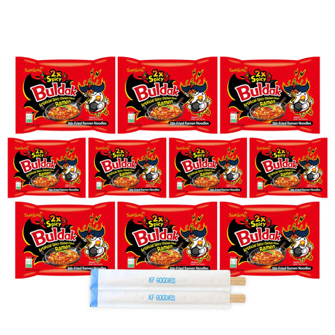 Samyang Buldak Hot Spicy Chicken Ramen Noodle Korean Stir-Fried Ramen, X2 Spicy Flavor, 5 Pack For Each Flavor (10, 2X Spicy)