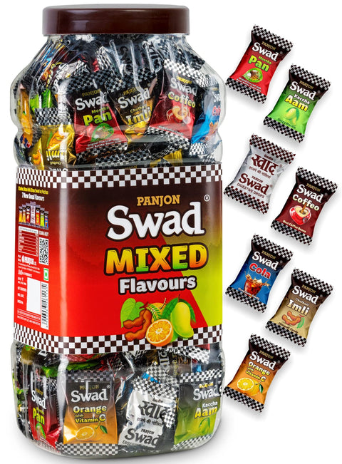 Swad Mixed Flavours Chatpati Goli Candy Jar – 150 Hard Candies With Kaccha Aam Imli Meetha Paan Cola Orange Coffee Original Flavors – Tangy Sweet Indian Candy, Childhood Favorite Treat
