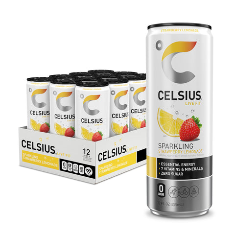 CELSIUS Sparkling Energy Drink, Strawberry Lemonade Flavor, 12 Fl Oz, Pack of 12, Model FGSS1254