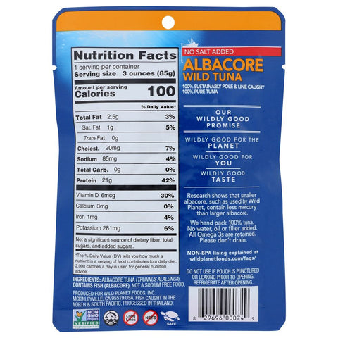 Wild Albacore Tuna No Salt Added 3 oz Wild Planet
