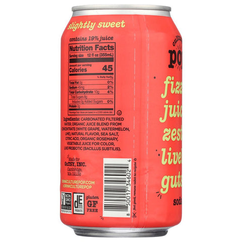 Watermelon Lime & Rosemary Probiotic Soda 12 fl oz Culture Pop
