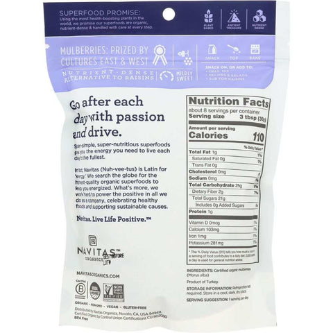 Organic Mulberry Berries Natural Superfruit Snack NAVITAS 8 oz