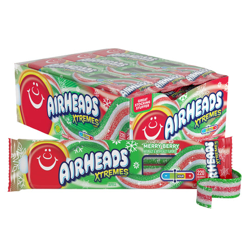 Airheads Xtremes Sweetly Sour Candy Belts, Merry Berry Flavor, 2oz (Pack of 18), Green