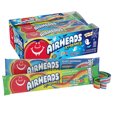 Airheads Xtremes Belts Halloween Treat Pack, Rainbow Berry & Bluest Raspberry, 2oz (Pack of 18)