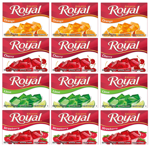 Royal Gelatin Variety Pack Of 12 | 3 Box Each - Strawberry, Orange, Lime, And Cherry - Keto Snacks