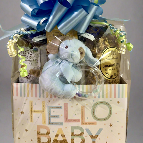Large Hello Baby Gift Box - Welcome Baby Basket with Plush Rattle & Gourmet Treats