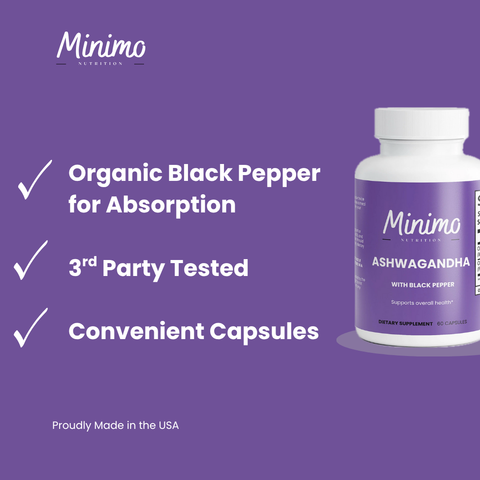 Organic Ashwagandha with Black Pepper Supplement 60 ct Minimo Nutrition