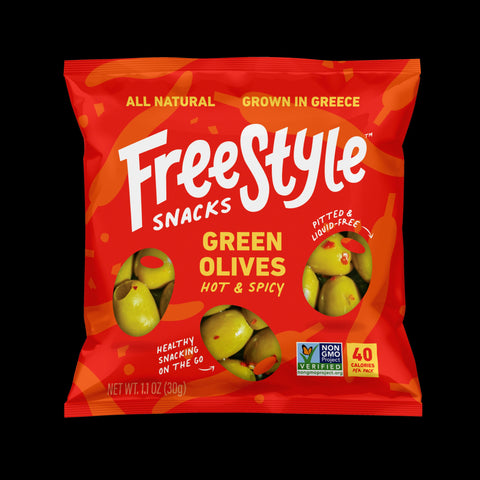 Hot & Spicy Marinated Green Olives Snack 120 bags x 1.1oz Freestyle Snacks