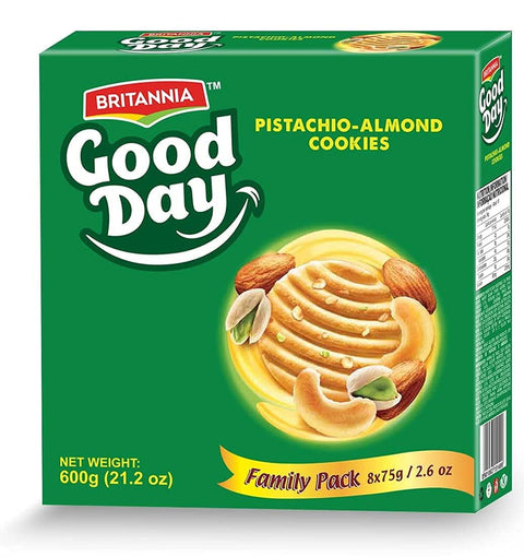 Britannia Good Day Pistachio/Almond Cookies Family Pack 21.2oz (600g) - Breakfast & Tea Time Snacks - Delicious Grocery Cookies - Halal and Suitable for Vegetarians (Pack of 1)