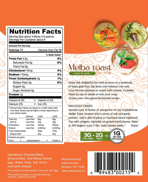 Carbolicious Melba Toast Low-Carb  Sugar Free (ONION & GARLIC) 4oz 1g net carbs per 8 Slices