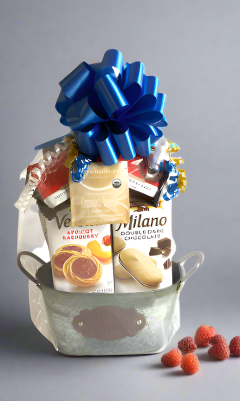Small Flowers & Garden Tin Gift Basket - Gourmet Snacks & Cookies