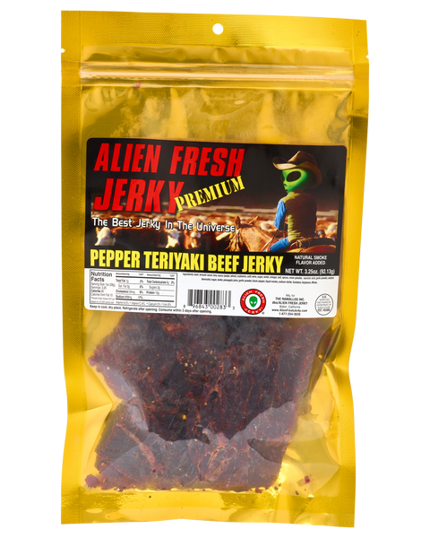 Pepper Teriyaki Spiced Jerky Top Round Cut Alien Fresh Jerky