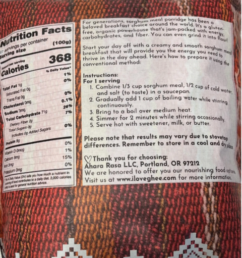 Sorghum Meal Organic Gluten-Free Whole Grain Jowar 6lbs Ahara Rasa