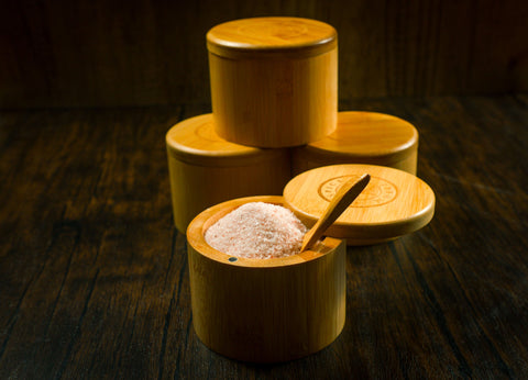 Pink Himalayan Salt Bamboo Salt Container with Wooden Spoon
