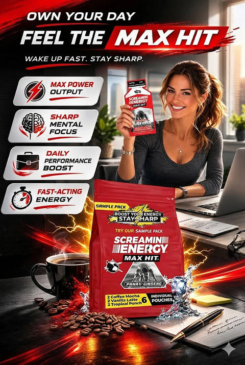 Screamin Energy Extra Strength Energy Sample Pack 6 Pouches Vital 4U